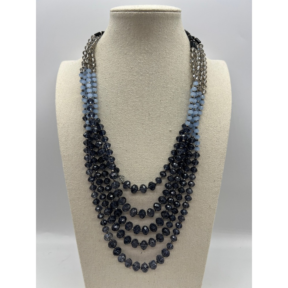 Glass Bead Layered Necklace Coastal Boho Minimalist Blue Gray Glass 23in